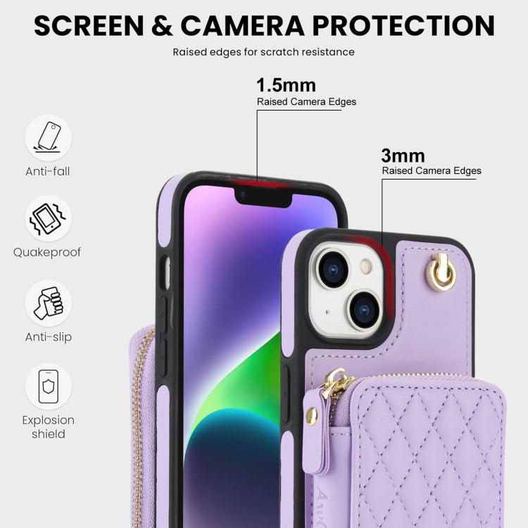 For iPhone 14 Plus AwQuer Crossbody Zipper Wallet Rhombic Leather Back Phone Case(Purple)