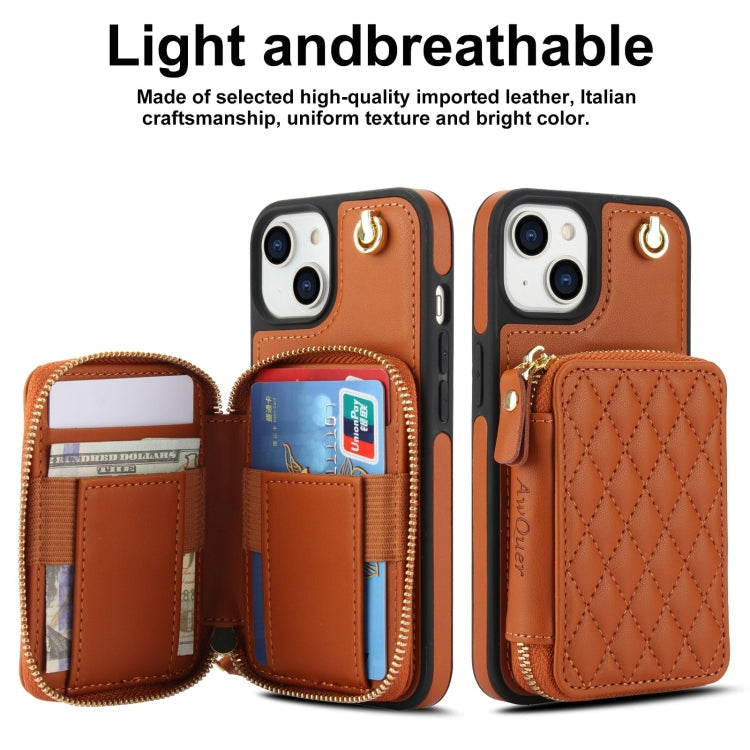 For iPhone 14 Plus AwQuer Crossbody Zipper Wallet Rhombic Leather Back Phone Case(Brown)
