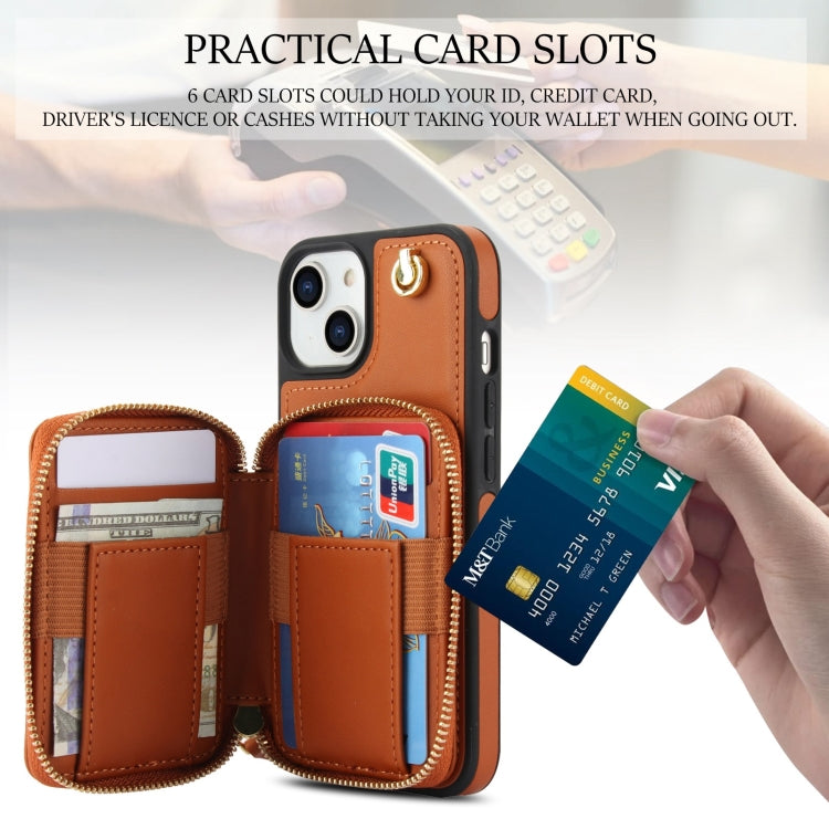 For iPhone 14 Plus AwQuer Crossbody Zipper Wallet Rhombic Leather Back Phone Case(Brown)