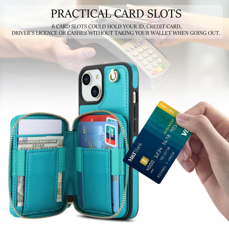 For iPhone 14 / 13 AwQuer Crossbody Zipper Wallet Rhombic Leather Back Phone Case(Green)