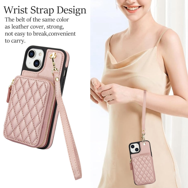 For iPhone 14 / 13 AwQuer Crossbody Zipper Wallet Rhombic Leather Back Phone Case(Rose Gold)