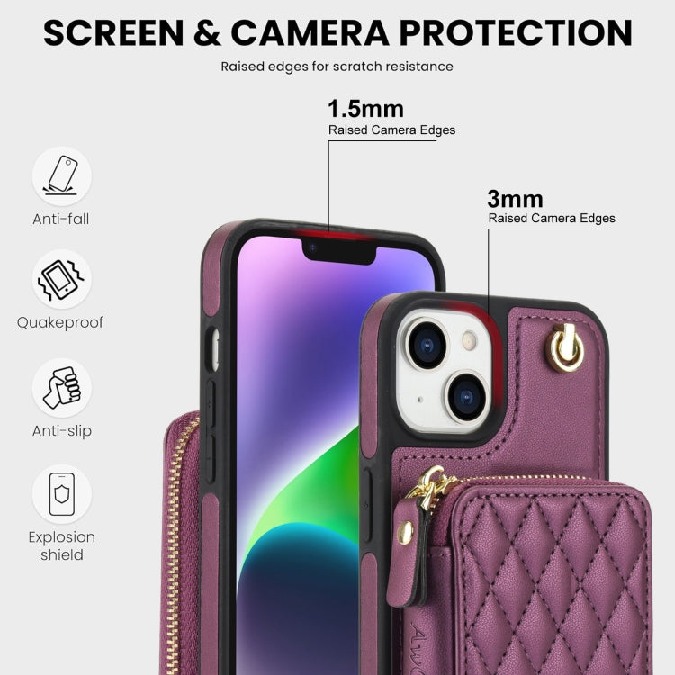 For iPhone 14 / 13 AwQuer Crossbody Zipper Wallet Rhombic Leather Back Phone Case(Dark Purple)