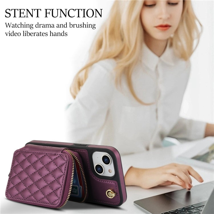 For iPhone 14 / 13 AwQuer Crossbody Zipper Wallet Rhombic Leather Back Phone Case(Dark Purple)