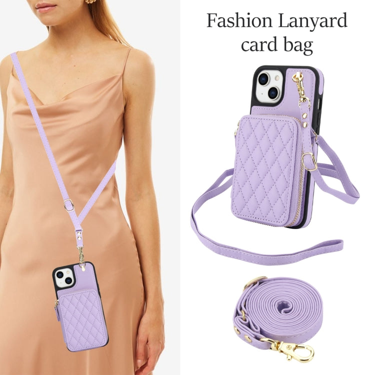 For iPhone 14 / 13 AwQuer Crossbody Zipper Wallet Rhombic Leather Back Phone Case(Purple)