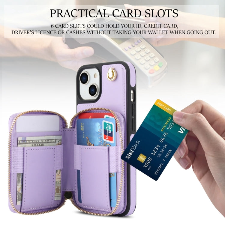 For iPhone 14 / 13 AwQuer Crossbody Zipper Wallet Rhombic Leather Back Phone Case(Purple)