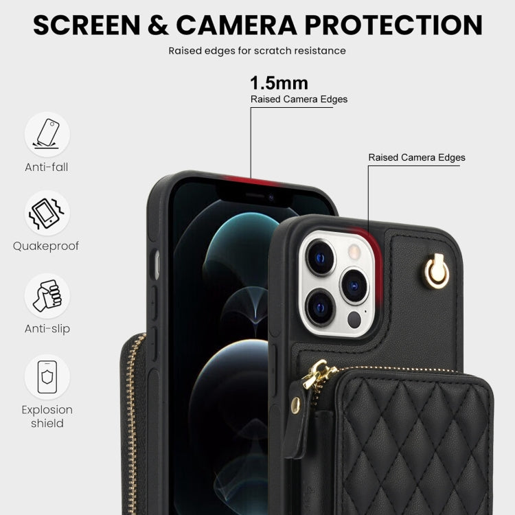 For iPhone 14 Pro AwQuer Crossbody Zipper Wallet Rhombic Leather Back Phone Case(Black)