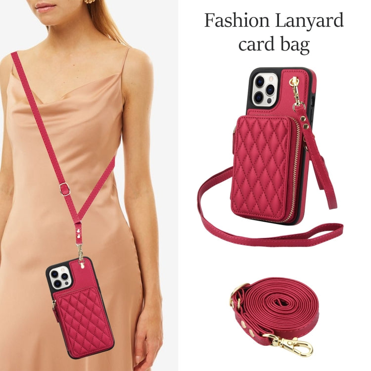For iPhone 14 Pro AwQuer Crossbody Zipper Wallet Rhombic Leather Back Phone Case(Red)