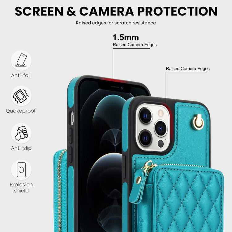For iPhone 14 Pro AwQuer Crossbody Zipper Wallet Rhombic Leather Back Phone Case(Green)