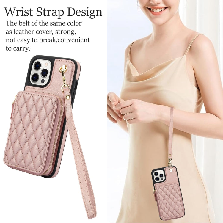 For iPhone 14 Pro AwQuer Crossbody Zipper Wallet Rhombic Leather Back Phone Case(Rose Gold)