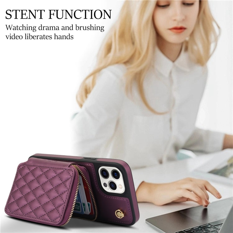 For iPhone 14 Pro AwQuer Crossbody Zipper Wallet Rhombic Leather Back Phone Case(Dark Purple)