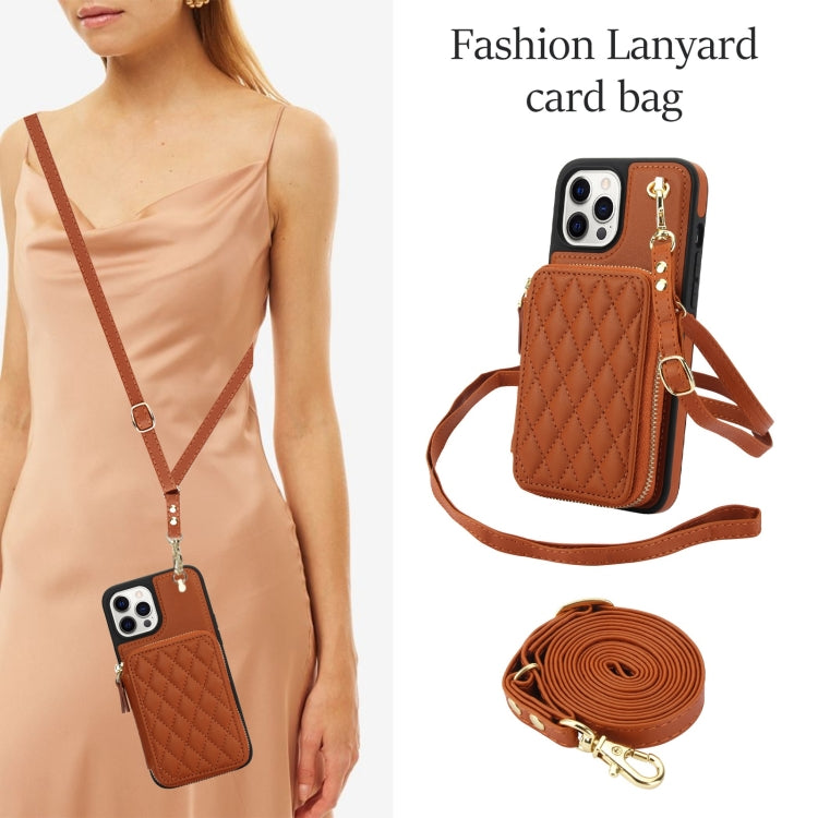 For iPhone 14 Pro AwQuer Crossbody Zipper Wallet Rhombic Leather Back Phone Case(Brown)
