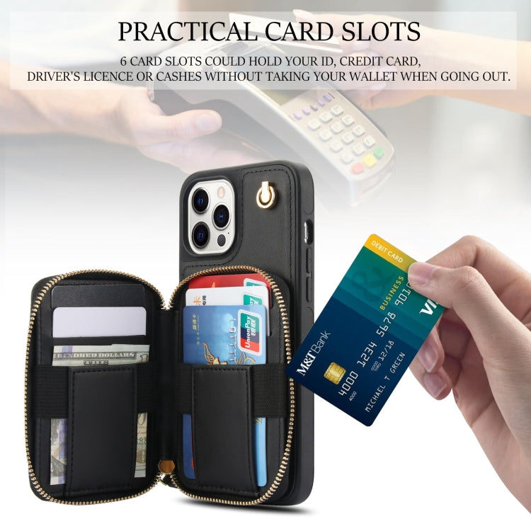 For iPhone 14 Pro Max AwQuer Crossbody Zipper Wallet Rhombic Leather Back Phone Case(Black)