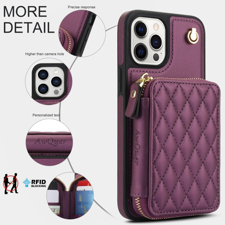 For iPhone 14 Pro Max AwQuer Crossbody Zipper Wallet Rhombic Leather Back Phone Case(Dark Purple)