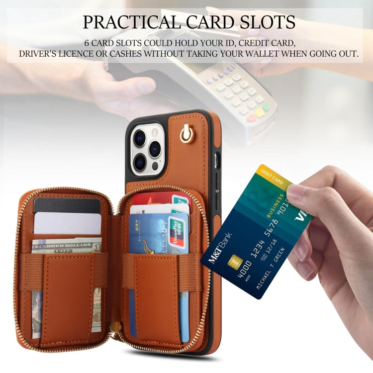For iPhone 14 Pro Max AwQuer Crossbody Zipper Wallet Rhombic Leather Back Phone Case(Brown)