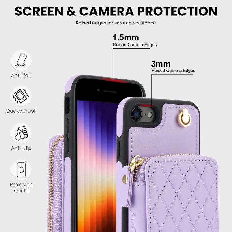 For iPhone 7 / 8 / SE 2022 AwQuer Crossbody Zipper Wallet Rhombic Leather Back Phone Case(Purple)