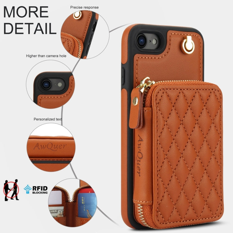 For iPhone 7 / 8 / SE 2022 AwQuer Crossbody Zipper Wallet Rhombic Leather Back Phone Case(Brown)