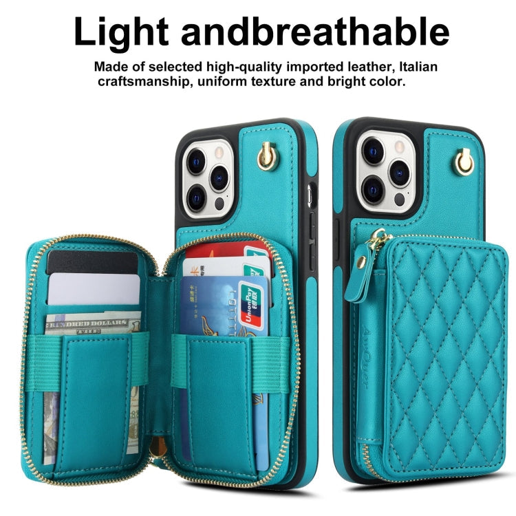 For iPhone 13 Pro Max AwQuer Crossbody Zipper Wallet Rhombic Leather Back Phone Case(Green)