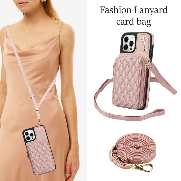 For iPhone 13 Pro Max AwQuer Crossbody Zipper Wallet Rhombic Leather Back Phone Case(Rose Gold)