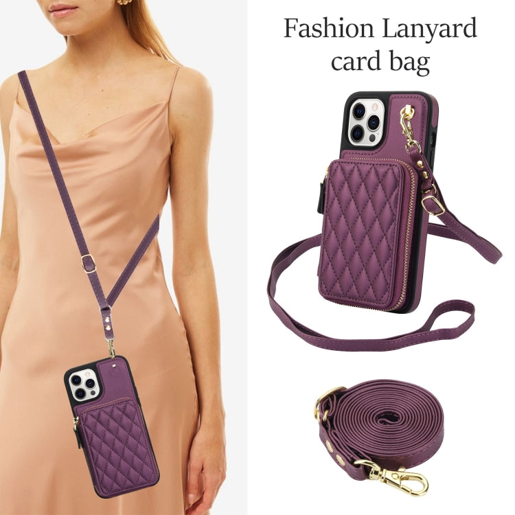 For iPhone 13 Pro Max AwQuer Crossbody Zipper Wallet Rhombic Leather Back Phone Case(Dark Purple)