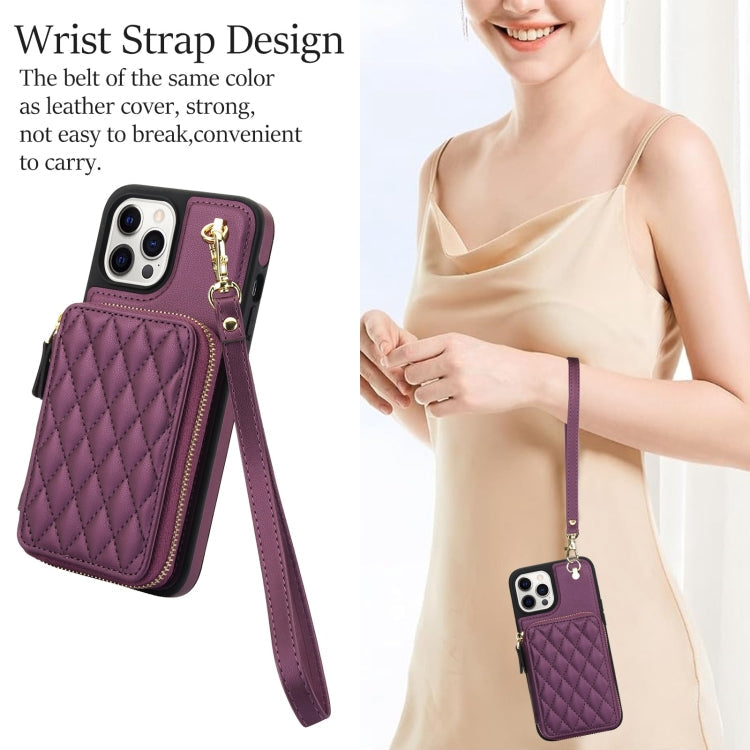 For iPhone 13 Pro Max AwQuer Crossbody Zipper Wallet Rhombic Leather Back Phone Case(Dark Purple)