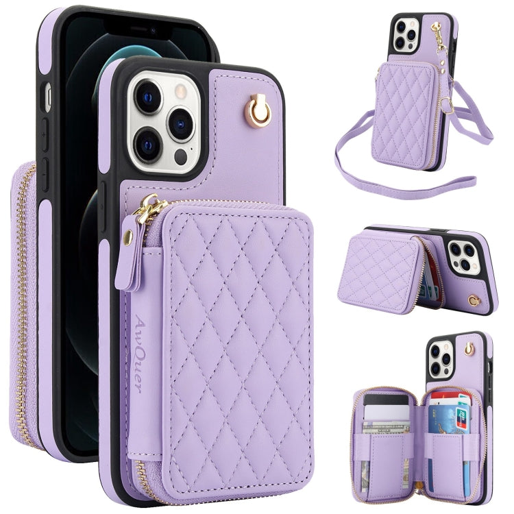 For iPhone 13 Pro Max AwQuer Crossbody Zipper Wallet Rhombic Leather Back Phone Case(Purple)