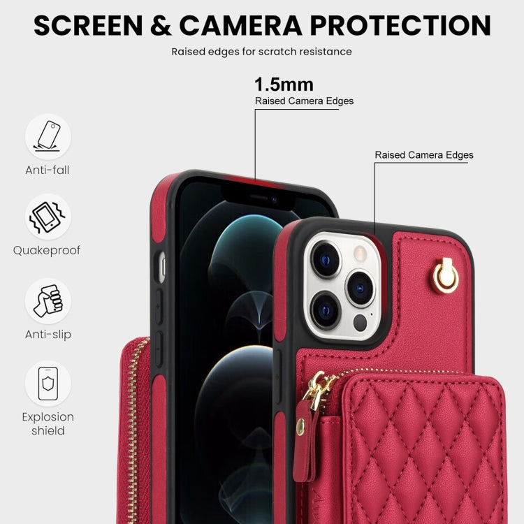 For iPhone 13 Pro AwQuer Crossbody Zipper Wallet Rhombic Leather Back Phone Case(Red)