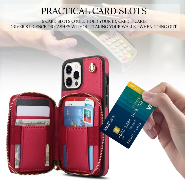 For iPhone 13 Pro AwQuer Crossbody Zipper Wallet Rhombic Leather Back Phone Case(Red)