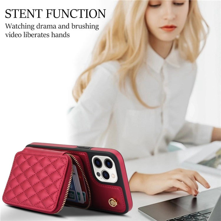 For iPhone 13 Pro AwQuer Crossbody Zipper Wallet Rhombic Leather Back Phone Case(Red)