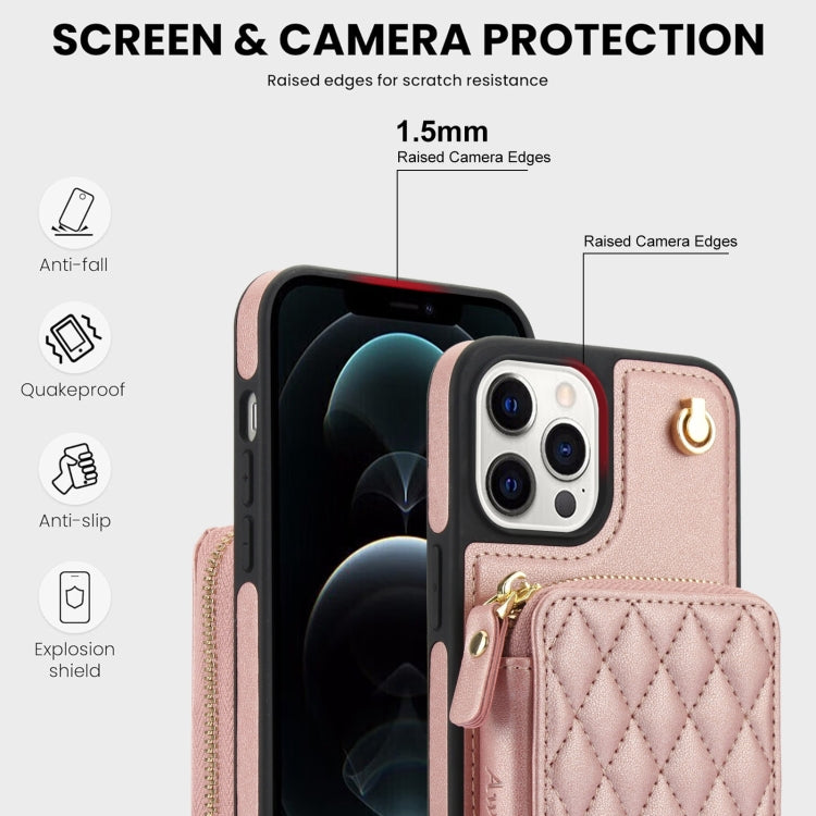 For iPhone 13 Pro AwQuer Crossbody Zipper Wallet Rhombic Leather Back Phone Case(Rose Gold)