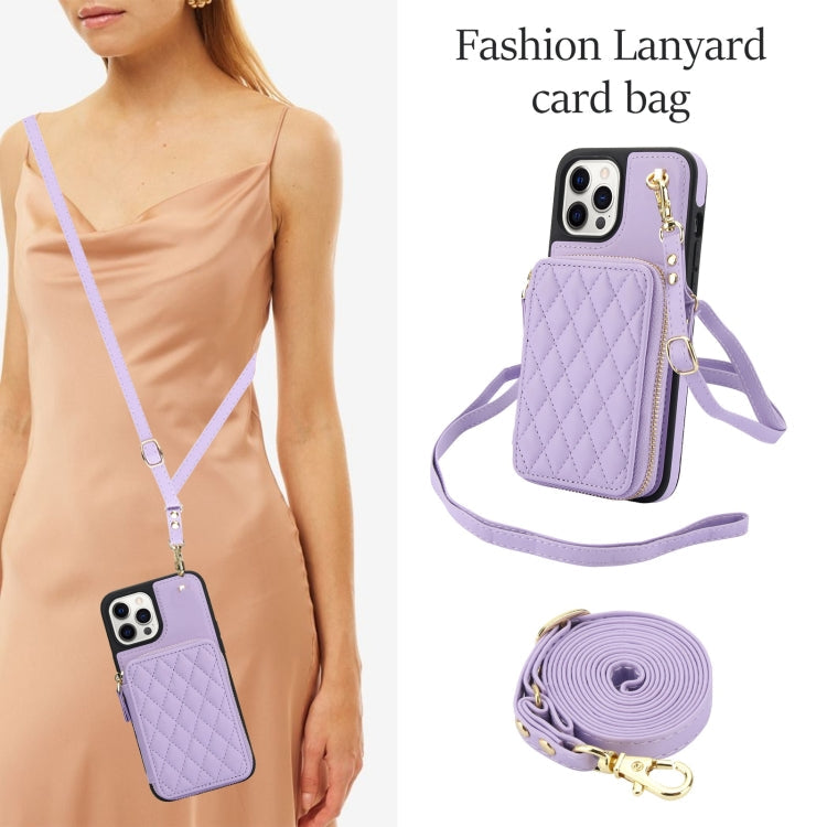 For iPhone 13 Pro AwQuer Crossbody Zipper Wallet Rhombic Leather Back Phone Case(Purple)