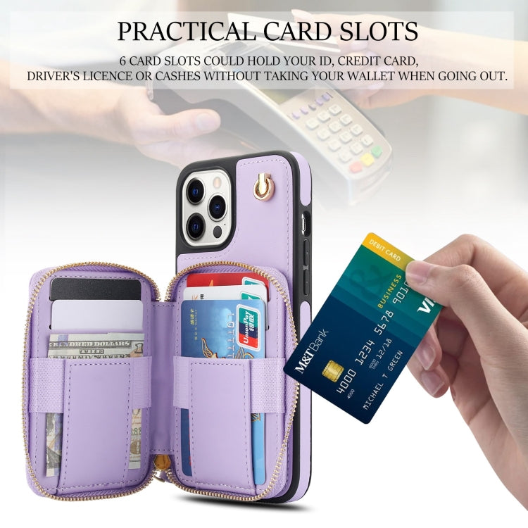 For iPhone 13 Pro AwQuer Crossbody Zipper Wallet Rhombic Leather Back Phone Case(Purple)