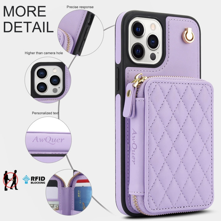 For iPhone 13 Pro AwQuer Crossbody Zipper Wallet Rhombic Leather Back Phone Case(Purple)