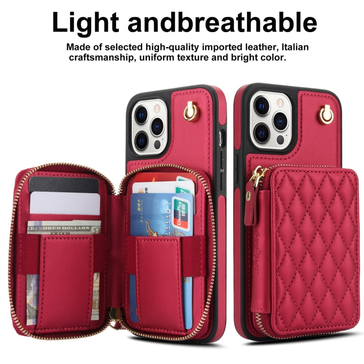 For iPhone 12 Pro Max AwQuer Crossbody Zipper Wallet Rhombic Leather Back Phone Case(Red)