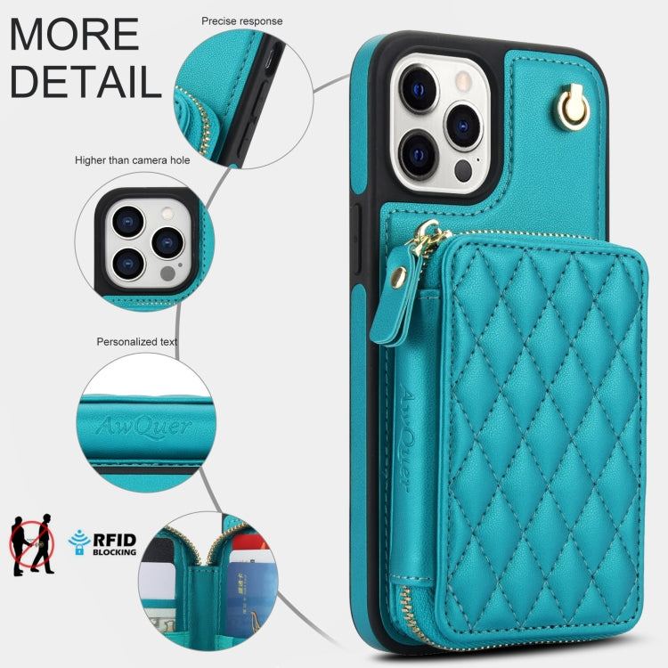 For iPhone 12 Pro Max AwQuer Crossbody Zipper Wallet Rhombic Leather Back Phone Case(Green)