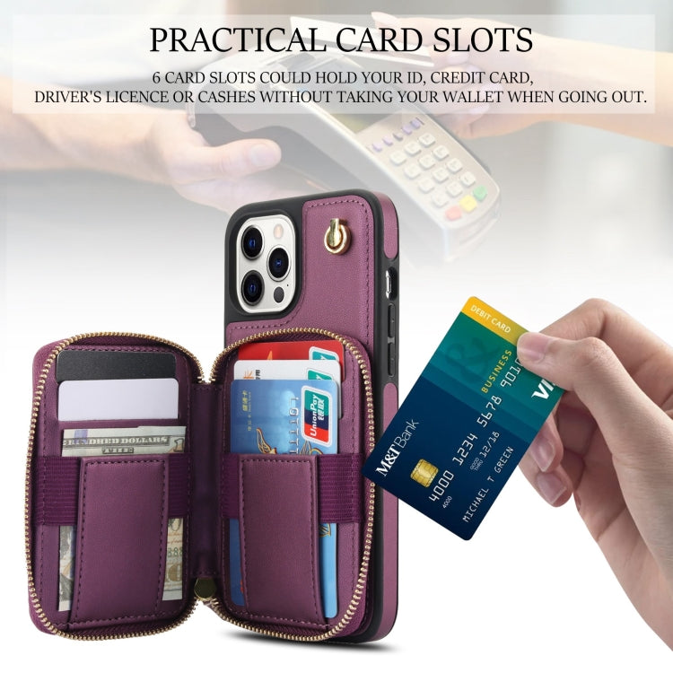 For iPhone 12 Pro Max AwQuer Crossbody Zipper Wallet Rhombic Leather Back Phone Case(Dark Purple)