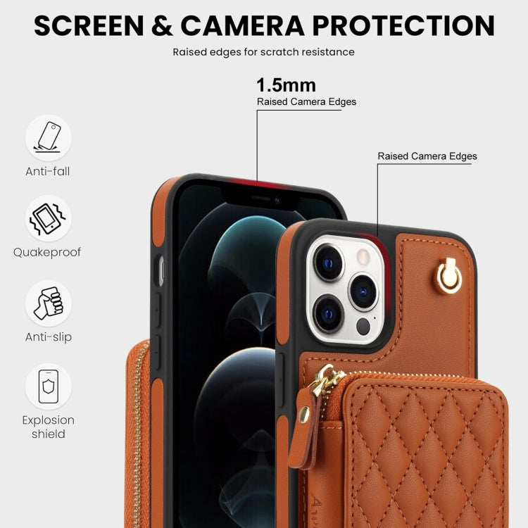 For iPhone 12 Pro Max AwQuer Crossbody Zipper Wallet Rhombic Leather Back Phone Case(Brown)