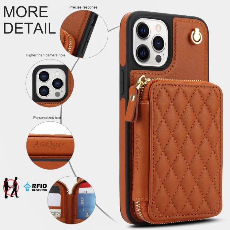 For iPhone 12 Pro Max AwQuer Crossbody Zipper Wallet Rhombic Leather Back Phone Case(Brown)