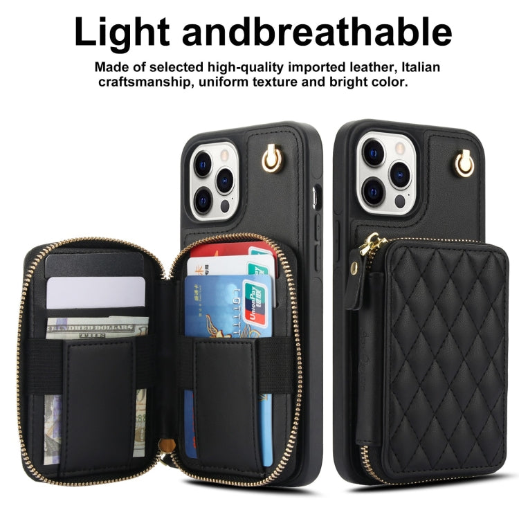 For iPhone 11 Pro Max AwQuer Crossbody Zipper Wallet Rhombic Leather Back Phone Case(Black)