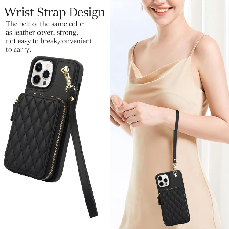 For iPhone 11 Pro Max AwQuer Crossbody Zipper Wallet Rhombic Leather Back Phone Case(Black)