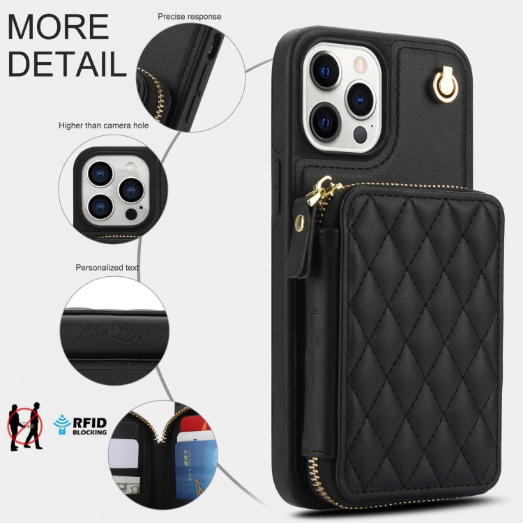 For iPhone 11 Pro Max AwQuer Crossbody Zipper Wallet Rhombic Leather Back Phone Case(Black)