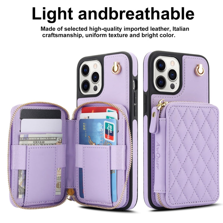 For iPhone 11 Pro Max AwQuer Crossbody Zipper Wallet Rhombic Leather Back Phone Case(Purple)
