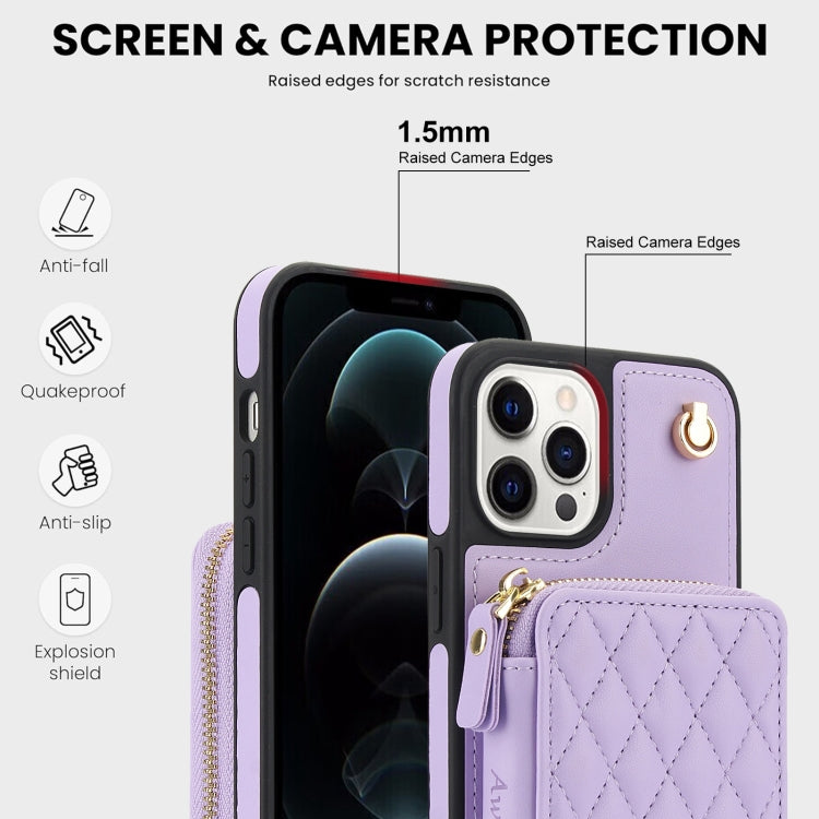 For iPhone 11 Pro Max AwQuer Crossbody Zipper Wallet Rhombic Leather Back Phone Case(Purple)
