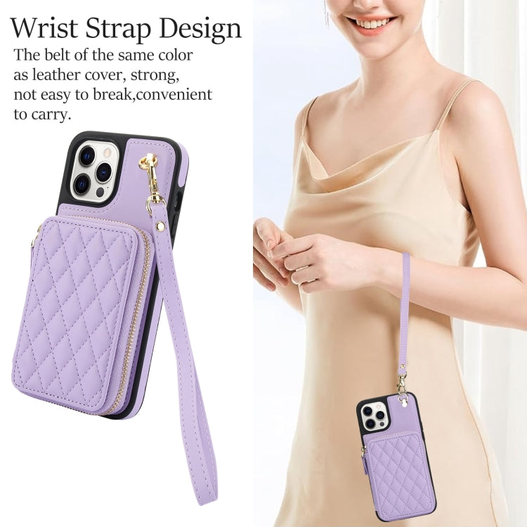 For iPhone 11 Pro Max AwQuer Crossbody Zipper Wallet Rhombic Leather Back Phone Case(Purple)
