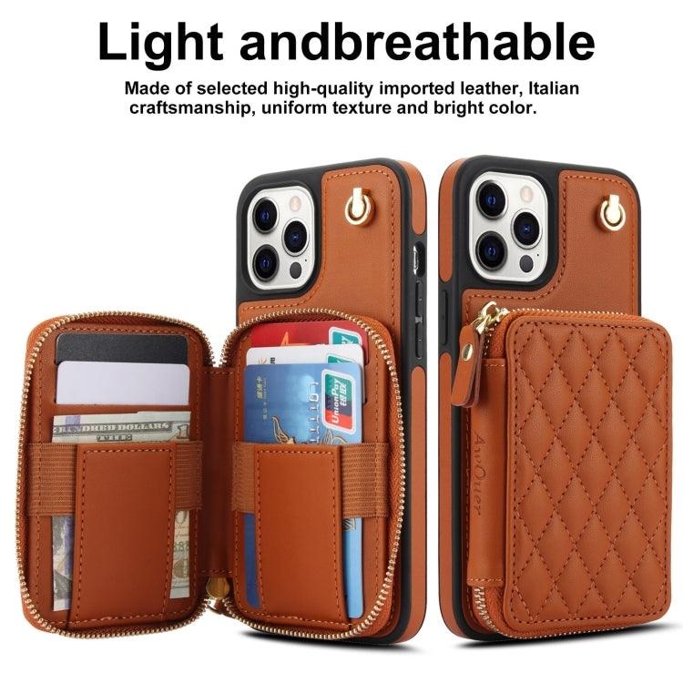 For iPhone 11 Pro Max AwQuer Crossbody Zipper Wallet Rhombic Leather Back Phone Case(Brown)