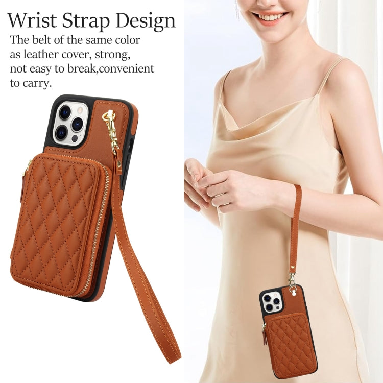 For iPhone 11 Pro Max AwQuer Crossbody Zipper Wallet Rhombic Leather Back Phone Case(Brown)