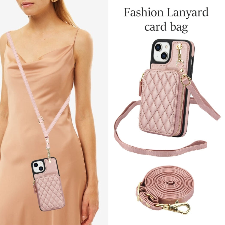 For iPhone 11 AwQuer Crossbody Zipper Wallet Rhombic Leather Back Phone Case(Rose Gold)