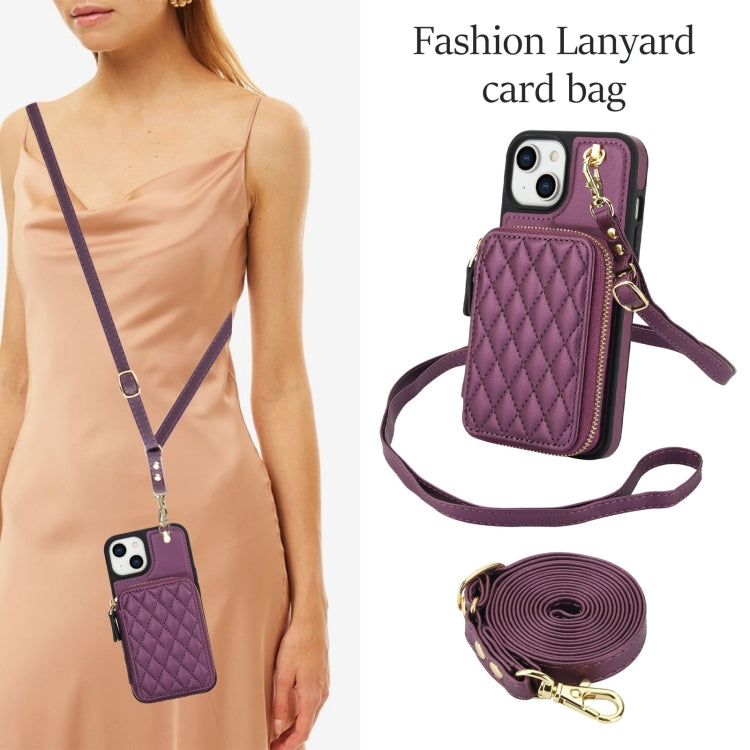 For iPhone 11 AwQuer Crossbody Zipper Wallet Rhombic Leather Back Phone Case(Dark Purple)
