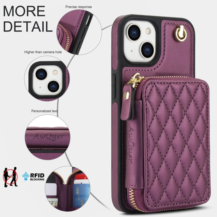 For iPhone 11 AwQuer Crossbody Zipper Wallet Rhombic Leather Back Phone Case(Dark Purple)