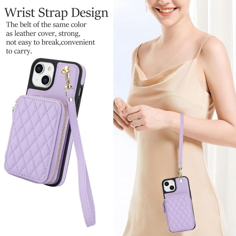 For iPhone 11 AwQuer Crossbody Zipper Wallet Rhombic Leather Back Phone Case(Purple)