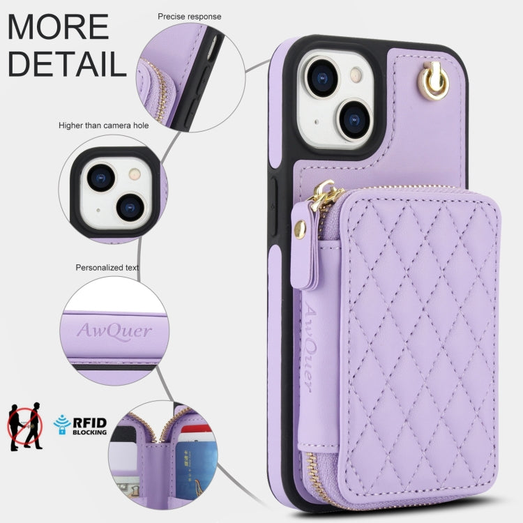 For iPhone 11 AwQuer Crossbody Zipper Wallet Rhombic Leather Back Phone Case(Purple)